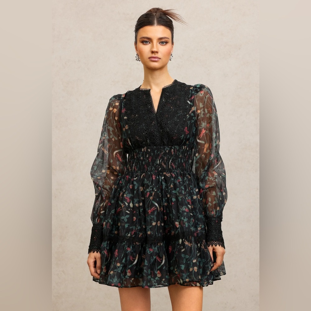 Final Call🌹 Elegant French 🥐 Print Retro V-Neck Lace Tea Dress- Night Rose